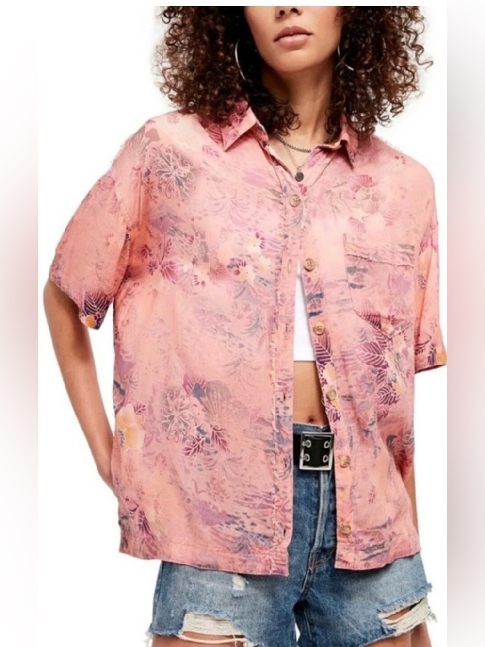 Free People We The Free Goid Times Button Down Shirt Pink floral oversized M